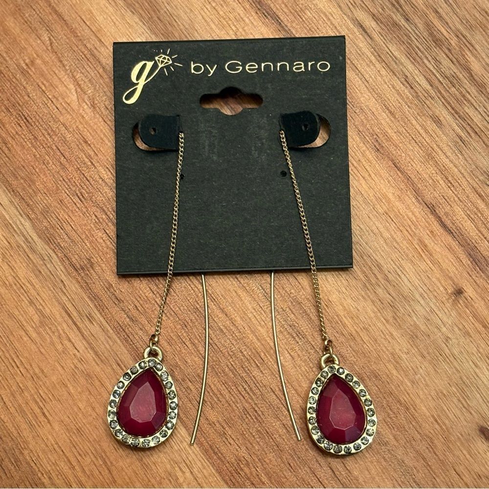 G by Gennaro | Faux Ruby Teardrop Threader Earrings | 3.5” Length